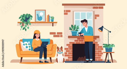 People and dog relax indoors with plants and technology