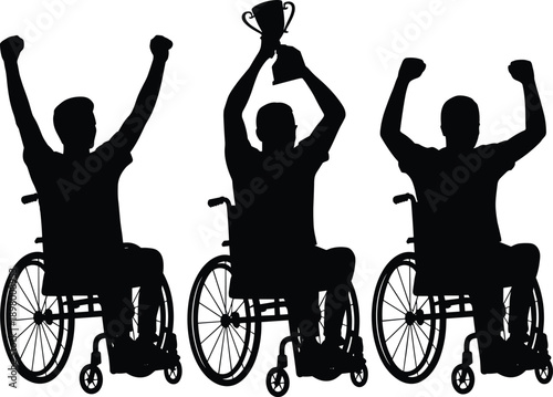 Successful disabled athletes in wheelchairs celebrating victory holding trophy with arms raised for adaptive sports competition flat vector illustration isolated