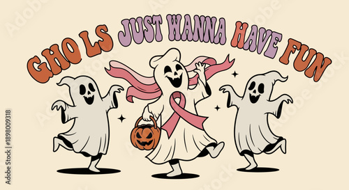 Groovy Ghouls Just Wanna Have Fun. Retro Halloween Design with Dancing Ghosts, Pumpkin, and Pink Ribbon for Breast Cancer Awareness.