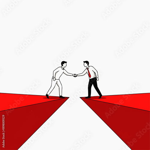 Two businessmen shaking hands across a chasm, symbolizing a successful business deal, partnership, or agreement in a minimalist style