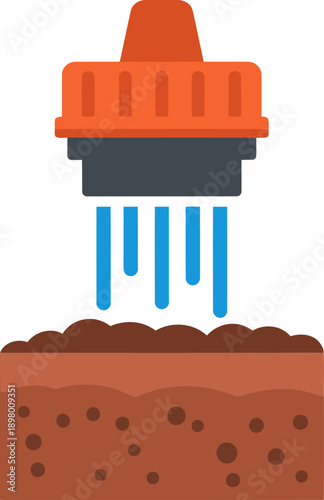 An adjustable dripper irrigates soil, showcasing efficient water flow. Clean, modern illustration for gardening and agriculture concepts.