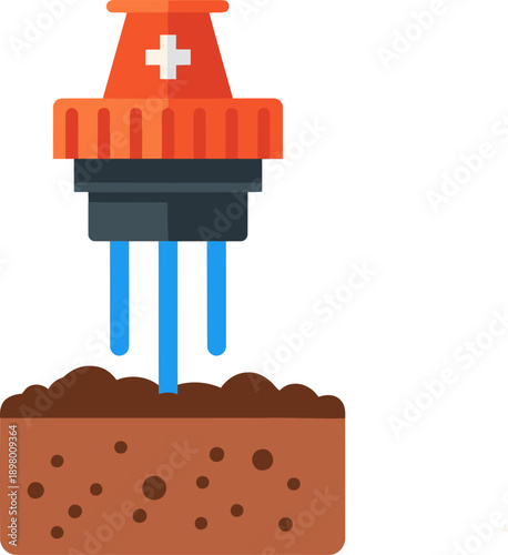 An adjustable dripper irrigates soil, showcasing precise water flow. Clean, modern illustration for gardening or agriculture concepts.