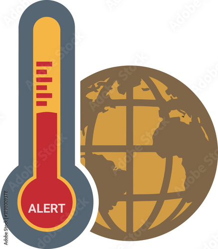 Alert! Thermometer rising over a globe, signifying global warming. Bold graphic design, vibrant colors, impactful visual for climate change awareness.