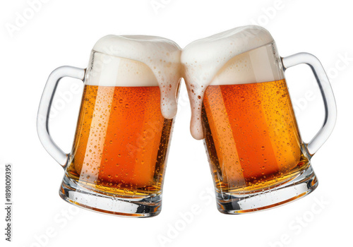 Two mugs of golden beer clinking together in a celebratory toast on transparent background