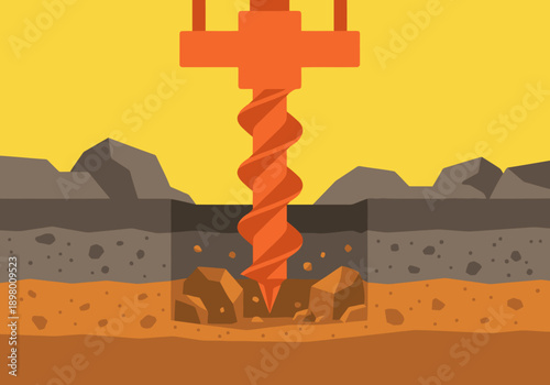 A drill bit penetrates rock during geothermal exploration. A stylized illustration showcases subsurface layers and a vibrant orange drill. Modern, graphic design.