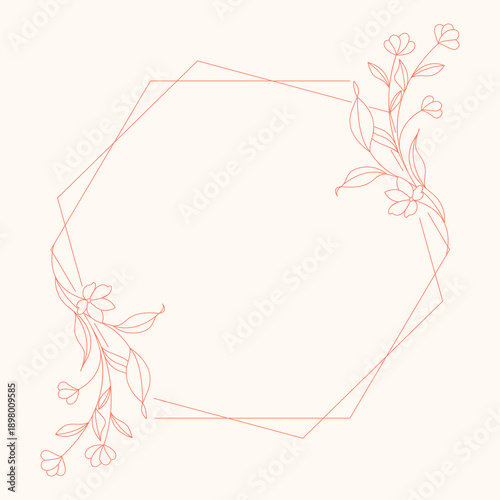 Floral polygon hand drawn style. Floral red frame of twigs, leaves and flowers. Frames for Valentine’s Day, wedding decor, logo and identity template.