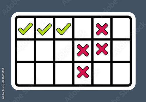 A habit tracker displays progress data with checkmarks and crosses. Clean, modern design for goal setting and productivity. Ideal for business and self-improvement visuals.
