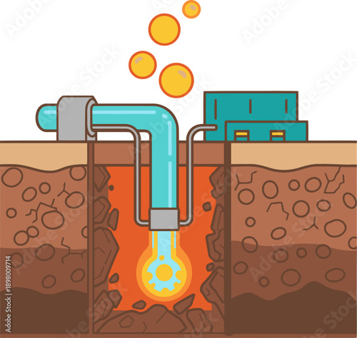 Illustration depicts a geothermal extraction system. A digital building connects to a subsurface heat source, showcasing a clean, modern design.  Ideal for energy and sustainability concepts.
