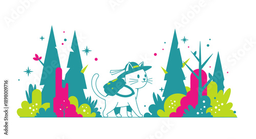 Cartoon Hiking Cat Vector: Adventurous Feline Character with Backpack and Hat Exploring a Vibrant Stylized Forest Landscape