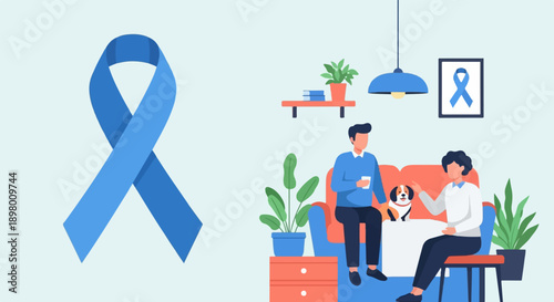 People and dog relaxing at home with a symbolic blue ribbon