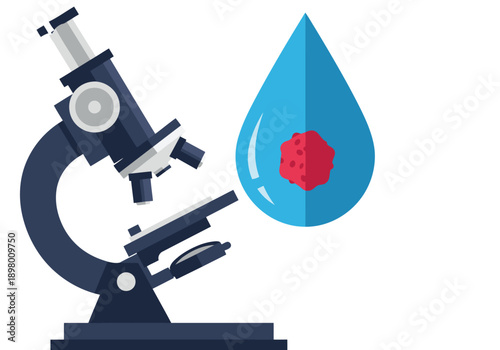Microplastic research focuses on water science. A microscope examines a magnified cell within a water droplet, showcasing scientific investigation. Modern, vibrant design.