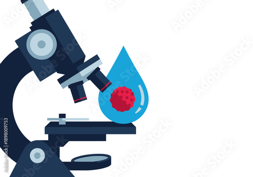 Microscopic view reveals microplastic particles within a water droplet, highlighting research in water science. A clean, modern design emphasizes scientific investigation.