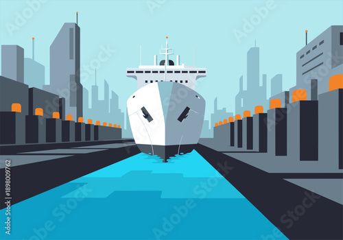 A majestic cruise ship approaches a bustling port dock, showcasing a vibrant cityscape backdrop. Clean lines and a modern style create a visually striking arrival scene.
