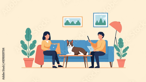 People and dog relaxing in living room with laptops and plants
