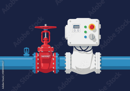 modern illustration showcases a safety water control system with a red gate valve and control panel Clean lines and a professional design highlight efficient water management