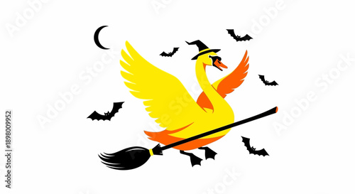 Humorous Halloween Illustration: Witch Swan Flying on a Broomstick with Bats and Crescent Moon.