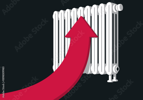 A modern radiator with an upward arrow, symbolizing rising home heating power through geothermal energy. Clean, graphic design for commercial use.