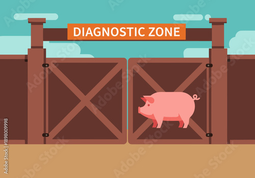 A pink pig stands within a diagnostic zone of a pig farm. The scene is stylized and graphic, featuring a fence and clear signage. Modern, flat design.