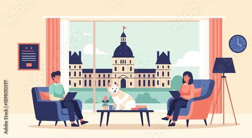 People and dog relaxing indoors with view of grand building