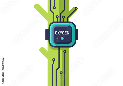 A stylized smartwatch displays 'Oxygen' amidst a green tree branch, symbolizing smart monitoring and eco-tech. Modern, vibrant design.
