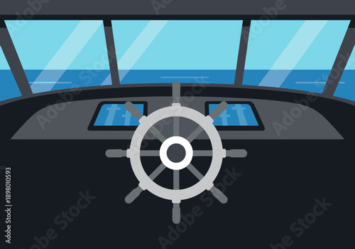 A stylized view inside a ship's bridge, featuring a steering wheel and control panels. Clean lines and a blue ocean backdrop create a modern, professional aesthetic.