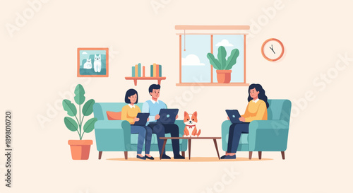 People and dog working on laptops in a living room with plants