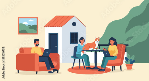 People and dog working remotely from a cozy home setting with a small house