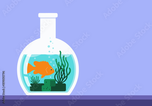 A vibrant illustration showcases a fish in an aquarium within a flask, alongside aquatic plants. ?Science Research Aquaponics Biology? text overlay. Modern, clean design.