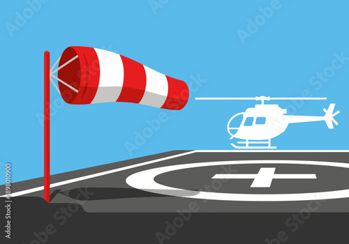 A vibrant windsock signals landing conditions near a helicopter on an airfield. Clean, modern design for aviation safety visuals.