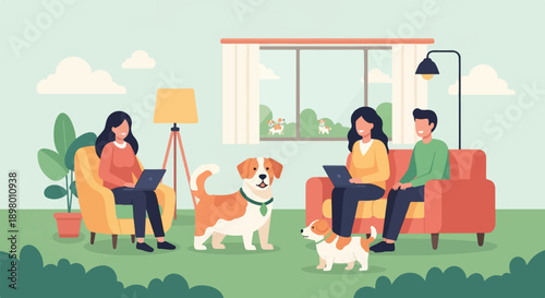 People and dogs enjoy a relaxed indoor scene with laptops and comfortable seating