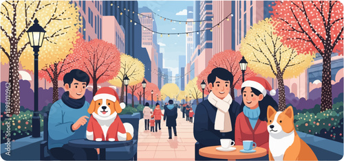 People and dogs enjoy coffee outdoors on a city street with autumn trees and festive lights