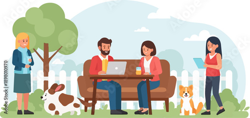 People and dogs enjoying leisure time outdoors with technology