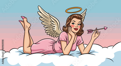 Pop Art Pin-up Cupid Angel Lying on Cloud Holding Heart Arrow. Retro cartoon illustration for Valentine's Day or romance concepts.