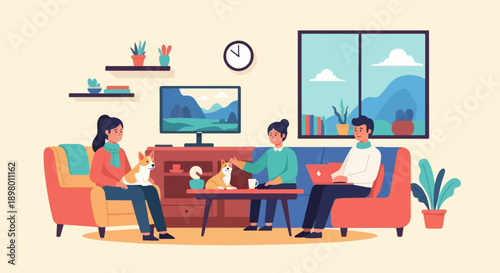 People and dogs relax indoors with plants, TV, and a window view