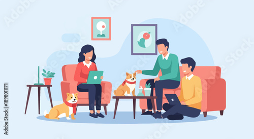 People and dogs working on laptops in a cozy room with plants