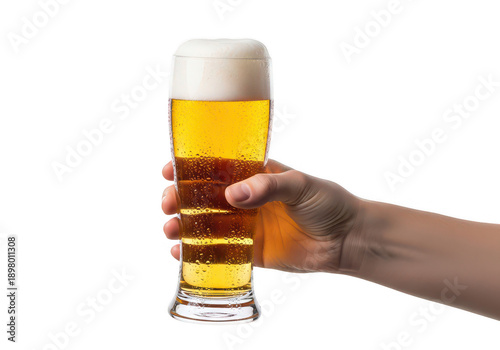 A hand holding a glass of golden beer with a foamy head on transparent background