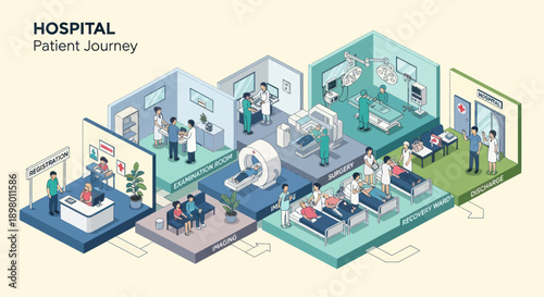 Isometric Hospital Layout with Medical Staff and Patients.