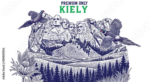 Engraved Mount Rushmore illustration with flying pheasants, American presidents monument, Black Hills landscape, and Pasque flower.
