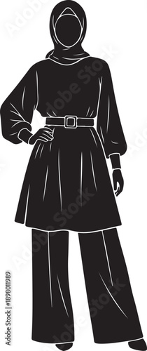 Contemporary modest fashion silhouette.