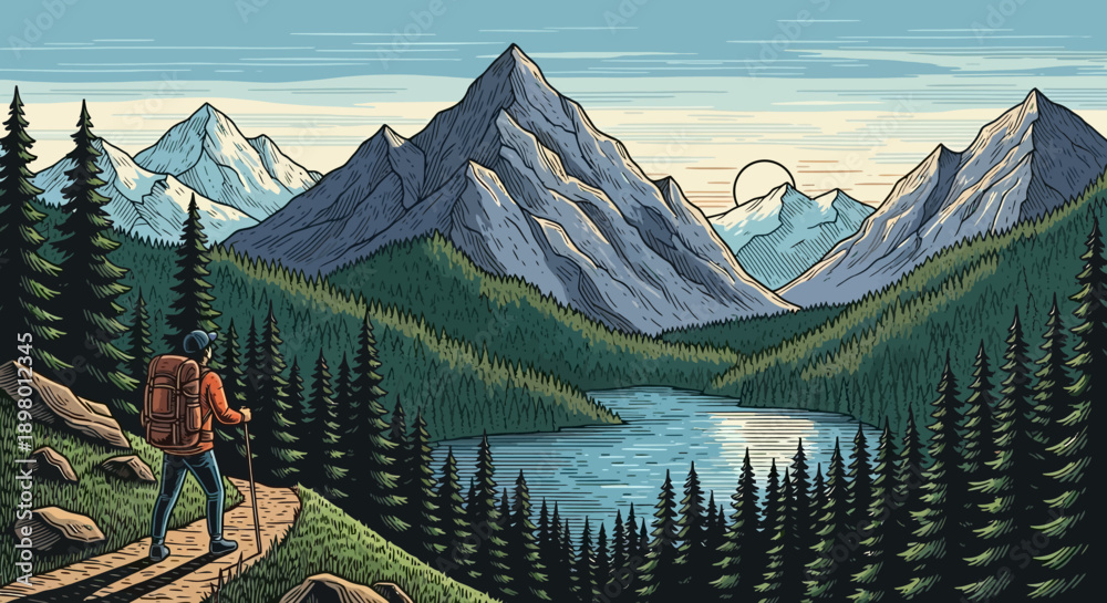 Fototapeta premium Woodcut Style Hiker on Trail to Mountain Lake. Vintage Engraving of Alpine Wilderness Landscape, Pine Forest, and Sunrise Adventure.