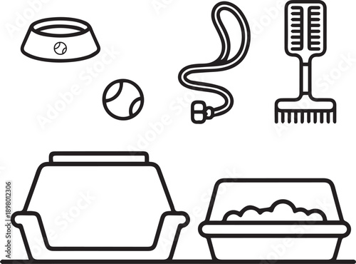 A simple line drawing depicts essential pet supplies including a bed food bowl and grooming tools