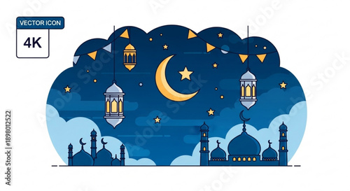 Ramadan kareem islamic night sky with crescent moon stars lanterns and mosque silhouette at dusk with clouds
