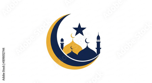 Islamic crescent moon symbol with mosque silhouette and star on white background ramadan and eid al fitr decorative element