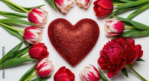 Valentine's Day Heart Shaped Chocolate with Red Tulips and Flowers