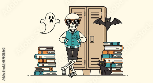 Cool Skeleton Student in Varsity Jacket and Sunglasses Posing at School Lockers. Retro Halloween High School Mascot Illustration with Ghost, Bat, and Books.