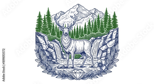 Hand Drawn Engraving of Majestic Deer Stag with Antlers, Standing in a Rocky Mountain Wilderness Landscape, Forest Vector Art Illustration.