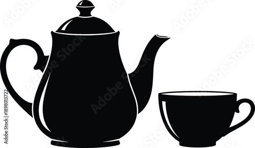 Black silhouette illustration of a traditional curved teapot with a lid paired with a matching single teacup