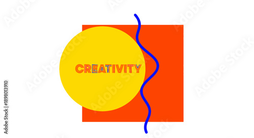 Abstract Creativity Graphic: Bold Geometric Design with Yellow Circle, Orange Square, and Blue Wavy Line. Memphis Style Conceptual Art.