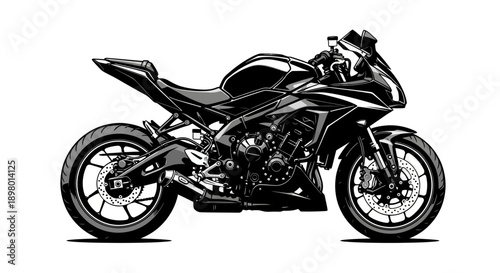 High-Performance Sport Motorcycle Vector Illustration. Detailed Black and White Race Bike Graphic for Automotive Design and Apparel.