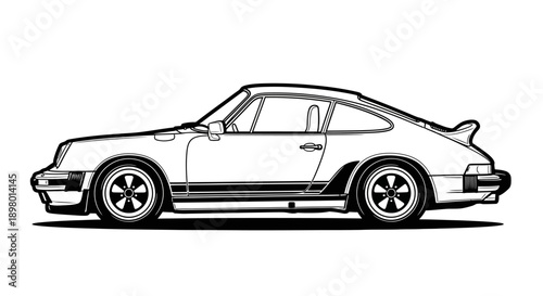 Vintage German Sports Car Outline Vector. Classic 911 Silhouette Illustration, Side View Black and White Line Art of High-Performance Coupe.